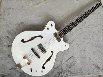 Электрическая бас-гитара с 4-струнным белым полупустым корпусом с золотой фурнитурой, предлагается по индивидуальному заказу