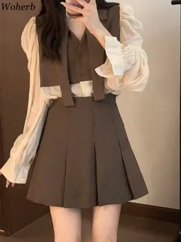 Модный костюм с темпераментной юбкой Woherb Y2k, женский комплект из 2 предметов, рубашка в стиле пэчворк, облегающие мини-юбки, модные Корейские комплекты