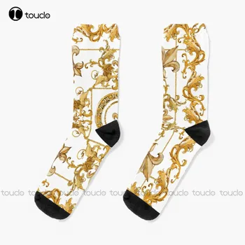 Антикварные носки с золотым Львом и дамасским орнаментом в виде животных, мужские футбольные носки с цифровой печатью 360 °, удобные, Лучший подарок для спортивного искусства для девочек