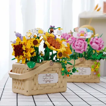 Креативная Романтическая корзина с подсолнухом и розами, Строительные блоки, букет цветов, Кирпичи в горшках, Игрушки для детей, подарок для девочек