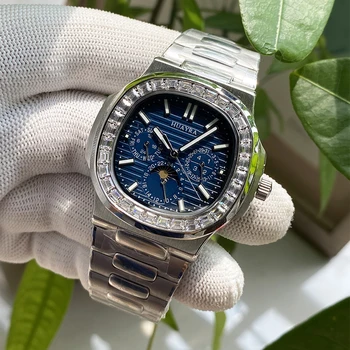 Новые мужские часы HUAYRA, роскошные деловые мужские часы Moonlight, водонепроницаемый синий циферблат, дисплей Sun Moon