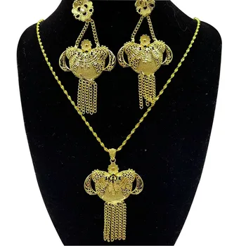 Новый женский модный комплект ювелирных изделий золотого цвета в Африканском Нигерийском стиле, Свадебное ожерелье, браслет, Серьги, Кольцо, Ювелирные наборы