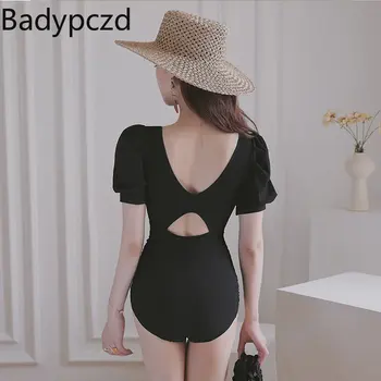 Badypczd Черные плавательные бикини с открытой спиной, купальник для девочек из горячих источников, однотонный сексуальный Корейский купальный костюм 2023, Летняя Женская одежда
