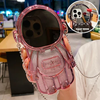 Симпатичный держатель для зеркала для макияжа с гальваническим блеском в виде астронавта, чехол для телефона для iPhone 14 13 12 11 Pro Max, защитная крышка на шнурке