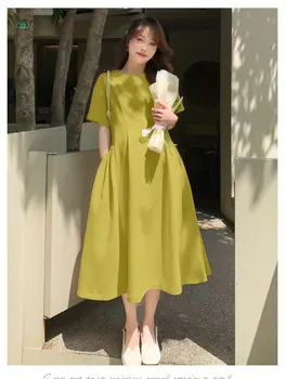 Летнее элегантное платье для беременных в корейском стиле с коротким рукавом и круглым вырезом, модное плиссированное платье для беременных, плюс размер одежды для беременных