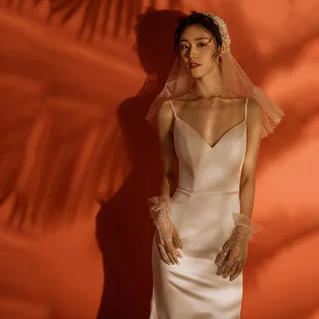 2021 Элегантное Белое атласное вечернее платье Русалки на тонких бретельках с длинным рукавом Женское вечернее простое свадебное платье