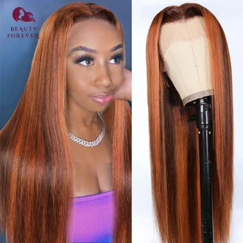 Beauty Forever Подчеркивает Рыжевато-коричневый Шелковистый Прямой Прозрачный Кружевной парик спереди Для женщин, смешанный Рыжий парик из настоящих человеческих волос