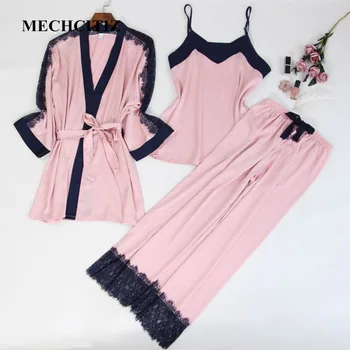 MECHCITIZ/ новые шелковые женские пижамные комплекты, весенний халат, топ и брюки, пижама из 3 предметов, кружевная домашняя одежда, халат, домашняя одежда, костюм
