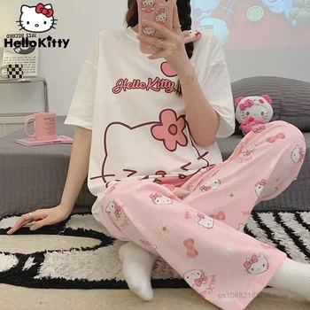 Футболки Sanrio Hello Kitty с коротким рукавом, Свободные брюки, комплект из 2 предметов, женская милая пижама Y2k, Летние топы, Брюки, мягкий пижамный костюм
