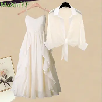 Женское летнее милое платье 2023 Korean Lady Fairy С оборками на бретелях, Белые Шифоновые платья, Комплекты коротких рубашек, Изящные топы, наряды