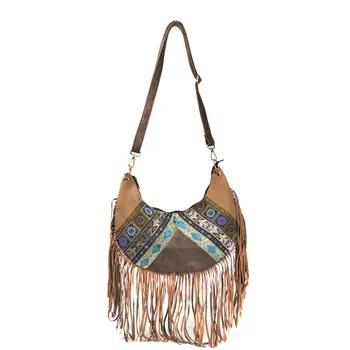 Этнический стиль искусственная кожа вышитая кисточкой сумка-мессенджер сумка цвета хаки на одно плечо модная женская дорожная сумка для отдыха