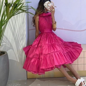Xijun Rose Розовые Короткие Платья Для выпускного вечера Из Тафты Вечерние платья Трапециевидной формы Из Саудовской Аравии, Дубая, Вечерние Платья Для выпускного вечера С Высоким воротником 2023
