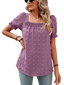 Жаккардовая Летняя шифоновая блузка с квадратным воротником, женская Милая рубашка в складку с коротким рукавом, женские топы, женская одежда Mujer 25467