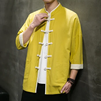 Мужская рубашка сезона весна-лето 2023, китайские повседневные мужские топы из хлопка и льна Harajuku, винтажная китайская одежда кунг-фу тайцзи.