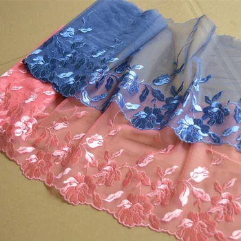 Кружевная отделка 15 ярдов Голубыми, розовыми флуоресцентными нитками, Вышитый цветами Фестончатый тюль, кружево шириной 19 см, Высококачественная свадебная