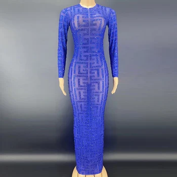 Певица для шоу в ночном клубе, синие облегающие платья с длинными рукавами в стиле ретро, клубное платье, платье для выпускного вечера