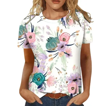 Модная футболка 2023, Летняя женская блузка с цветочным принтом, Темпераментные топы с коротким рукавом, пуловер с круглым вырезом, доступно несколько цветов
