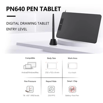 Графический планшет для рисования PNBOO PN640 с активной областью 6x4 дюйма, 8192 Уровнями давления, Функцией наклона, Доска для рисования со Стилусом без батареи