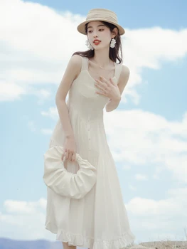 Французское платье-слинг Романтическое Ретро Пляжное Милое Каваи 2023 Летняя Женская Фея Милое Вечернее платье Vestidos Модная Элегантная принцесса