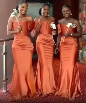 Ярко-оранжевые платья подружек невесты в стиле русалки без бретелек со шлейфом на одно плечо, женские платья для гостей на свадьбу, платье подружки невесты