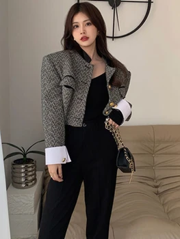 Новый модный Корейский шикарный Винтажный твидовый пиджак, женские весенние укороченные куртки контрастного цвета, Элегантное офисное Женское пальто, верхняя одежда