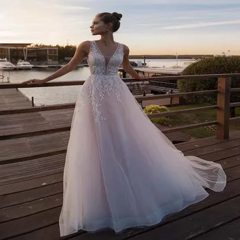 Сексуальное свадебное платье с глубоким V-образным вырезом 2023, розовое Для лета, кружевные аппликации из органзы, шлейф без спинки, Vestidos De Noiva, сшитое на заказ
