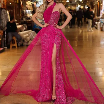 Розово-Русалочьи вечерние платья без рукавов с V-образным вырезом, аппликации из пайеток, 3D Кружевной ремешок, Разрез сбоку, Бусины, платья для выпускного вечера на заказ