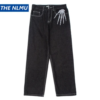 2023 Мужские джинсовые брюки в стиле хип-хоп, Уличная одежда, Джинсовые брюки с вышивкой скелета, Джоггеры Harajuku, джинсовые брюки, Мешковатые брюки