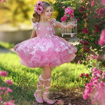 Розовое бальное платье, нарядные платья с аппликацией из бисера, детские платья на день рождения для фотосессии, оборки, детские платья для гостей на свадьбу