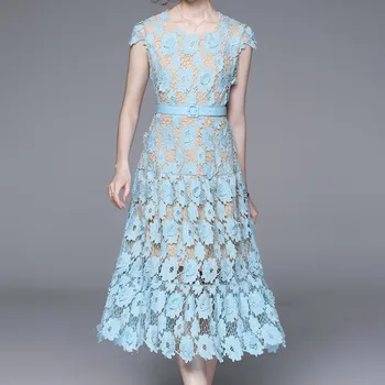 2023 Винтажное Элегантное Сексуальное открытое кружевное летнее платье для вечеринок для женщин с круглым вырезом, коротким рукавом, высокой талией, тонкое платье трапециевидной формы