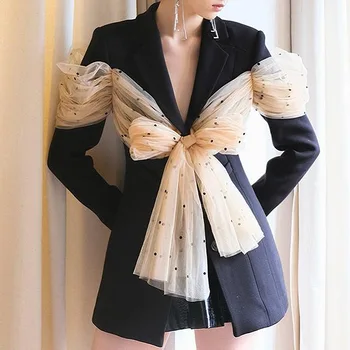 Индивидуальный дизайнерский костюм, модное пальто с V-образным вырезом и открытой спиной с принтом в горошек, сетчатое элегантное женское платье