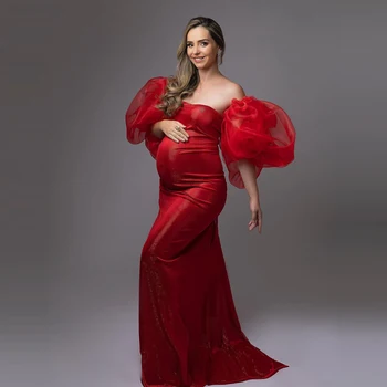 Великолепные красные платья для беременных в стиле русалки, съемный размер, пышные плечи на шнуровке, сшитое на заказ семейное платье для душа