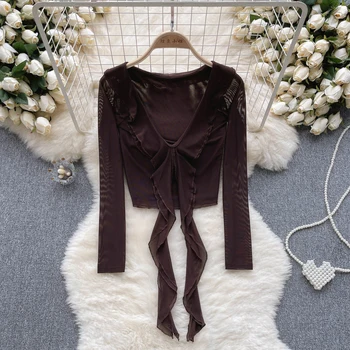 Винтажная сетчатая блузка с V-образным вырезом и длинным рукавом, модная рубашка, Повседневный шикарный топ с оборками, Сказочный летний женский