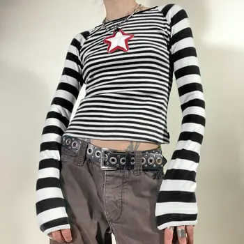 Персонализированная вышивка NIGGEEY Star в полоску, пикантная женская сексуальная футболка короткого кроя, сексуальный топ с длинным рукавом маленького размера Y2K