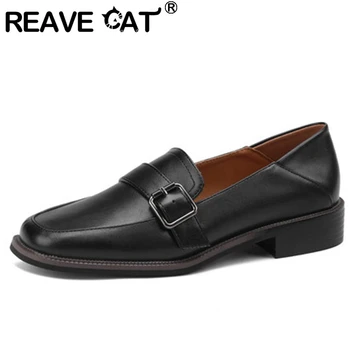 REAVE CAT / 2022; женские туфли на плоской подошве с квадратным носком и пряжкой на ремне без застежки; лаконичные офисные туфли; большие размеры 31-43; однотонные коричневые, черные повседневные весенние S3426