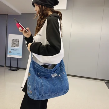 Женская джинсовая сумка на молнии, вышитые сумки-мессенджеры, сумка Y2K, Ковбойская эко-сумка, Корейская сумка для покупок через плечо, холщовая сумка-ранец