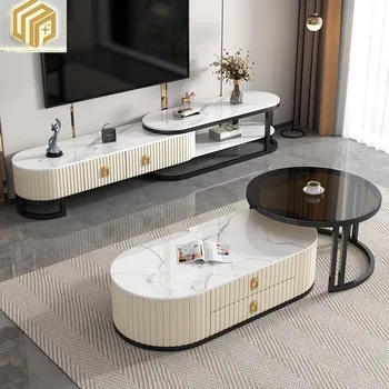 Итальянский чайный столик из каменной плиты, комбинированный шкаф для телевизора, гостиная для маленькой семьи, современный светлый роскошный выдвижной круглый столик
