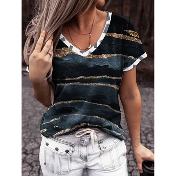 Женские топы с V-образным вырезом и принтом из смеси хлопка, элегантная модная футболка, женская летняя свободная блузка с коротким рукавом, футболка с бесплатной доставкой