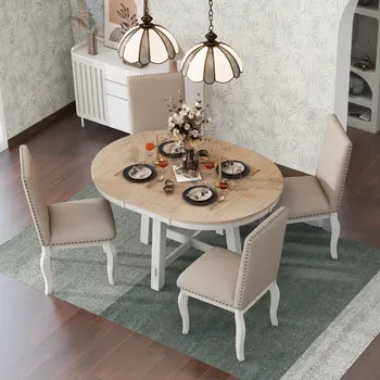Обеденный стол из 5 предметов, круглый раздвижной обеденный стол из деревенского дерева и 4 обеденных стула с мягкой обивкой