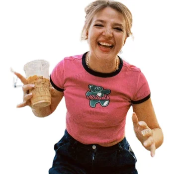 Ретро Розовая футболка с мультяшным медведем, короткая футболка с коротким рукавом, женские модные летние футболки Ins с графическим рисунком