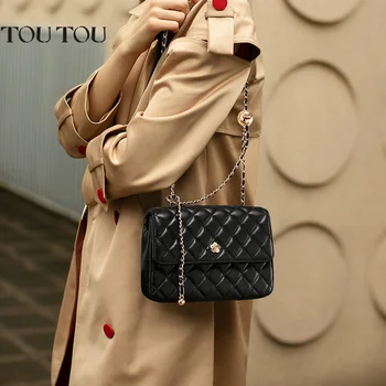 Женская сумка через плечо из натуральной кожи TOUTOU, большая вместительная квадратная сумка через плечо с регулируемым ремешком-цепочкой и декором в виде камелии
