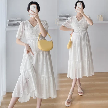 K43587 # Платье для беременных Белого цвета, Корейское свободное платье для женщин, открытое, Новое поступление, одежда для беременных, платье для беременных