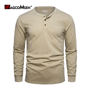 Мужские футболки Henley от MAGCOMSEN с длинным рукавом и карманом, планка спереди на 3 пуговицы, повседневные топы
