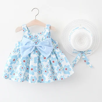 Летняя одежда из 2 предметов для маленьких девочек Пляжные платья Повседневный модный принт Милый бант Платье принцессы с цветочным узором + Шляпа Комплект одежды для новорожденных