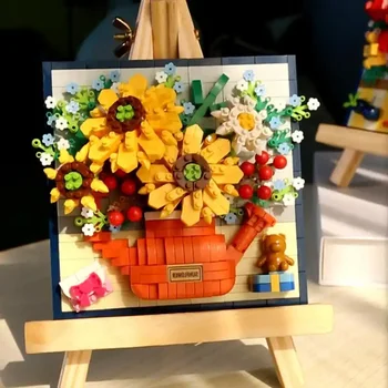 Букет цветов в горшке с розами и подсолнухом, 3D Модель украшения дома, Рождественская Белая Лилия, Голубая Гвоздика, Строительный блок, игрушка