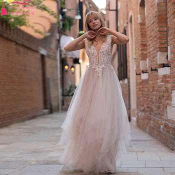 Пыльно-розовая фатиновая юбка, свадебные платья трапециевидной формы с V-образным вырезом и открытой спиной, свадебные платья в стиле бохо, разноцветные Noivas ZW927