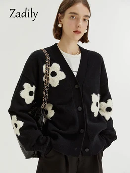 Zadily 2022 Новинка Зимы с винтажной цветочной вышивкой, свободный женский вязаный кардиган в Корейском стиле, женский свитер на пуговицах, пальто, одежда