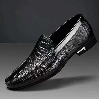 Итальянская мужская повседневная обувь из натуральной кожи, деловая обувь с крокодиловым узором, Высококачественные лоферы без застежки, мокасины для вождения,