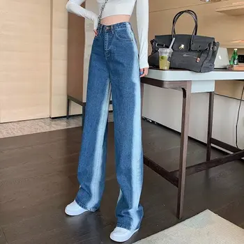 Корейские джинсы с мешковатой талией для женщин 2023, модные Прямые Широкие брюки, джинсовые брюки сбоку, уличная одежда Y2k, Женские брюки для швабры