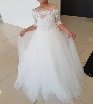 Белые платья в цветочек для девочек, детское свадебное платье для невесты, бальное платье Макси, одежда для причастия, многоуровневое платье с аппликацией